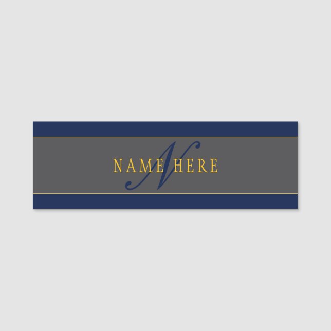 Elegant Script Monogram Mörk Navy Blue Grått & Gul Namnbricka (Framsida)