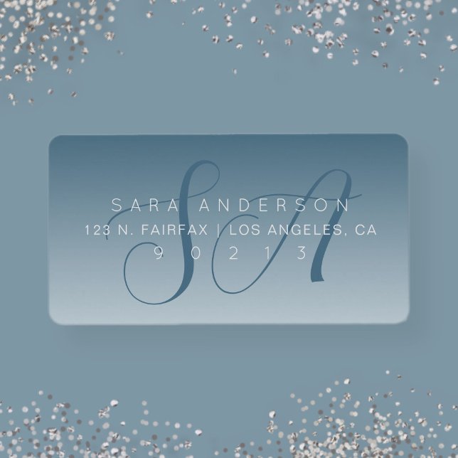 Elegant Script Monogram Ombre Blue-Returadress Adressetikett (Skapare uppladdad)