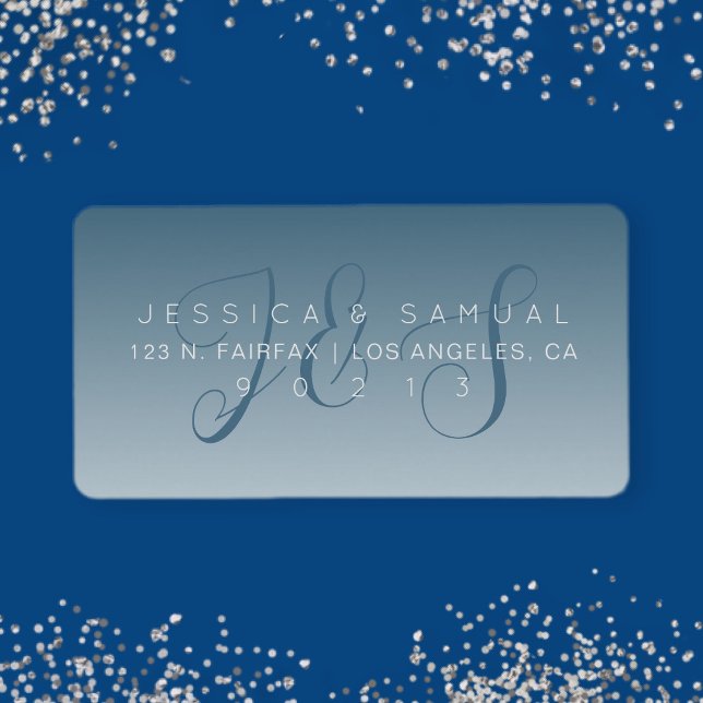 Elegant Script Monogram Ombre Blue-Returadress Adressetikett (Skapare uppladdad)