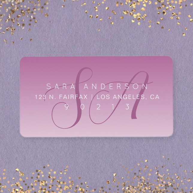 Elegant Script Monogram Ombre Mauve Returadress Adressetikett (Skapare uppladdad)