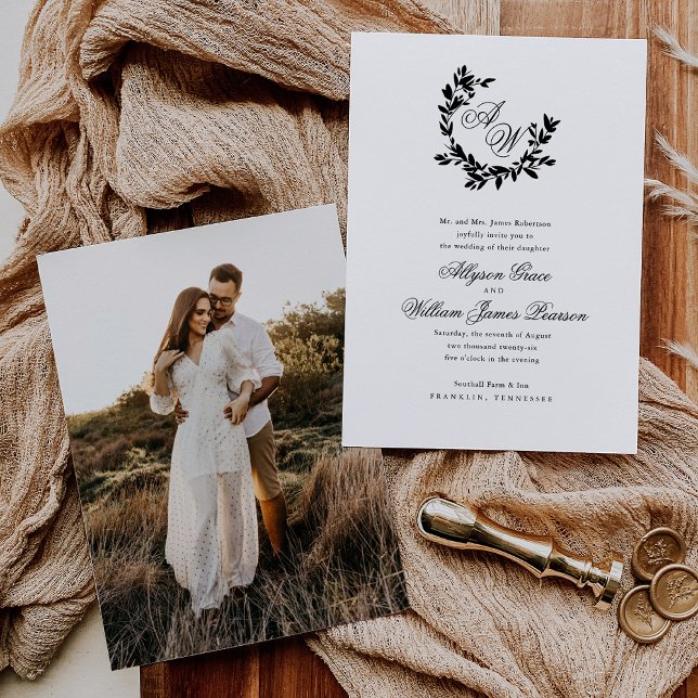 Elegant Script Monogram Photo Botanical Bröllop Inbjudningar (Skapare uppladdad)