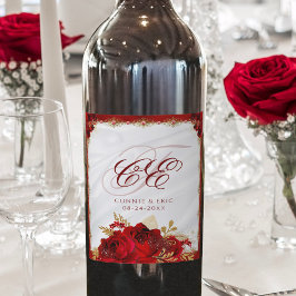 Elegant Script Monogram Red Blommigt Bröllop Vinflaska Etikett
