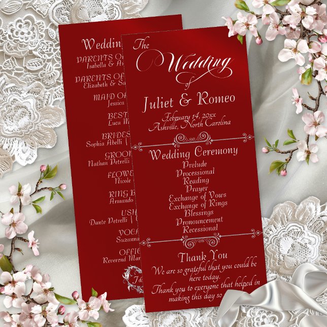 Elegant Script & Monogram - Röd Bröllopsfest Program (Skapare uppladdad)
