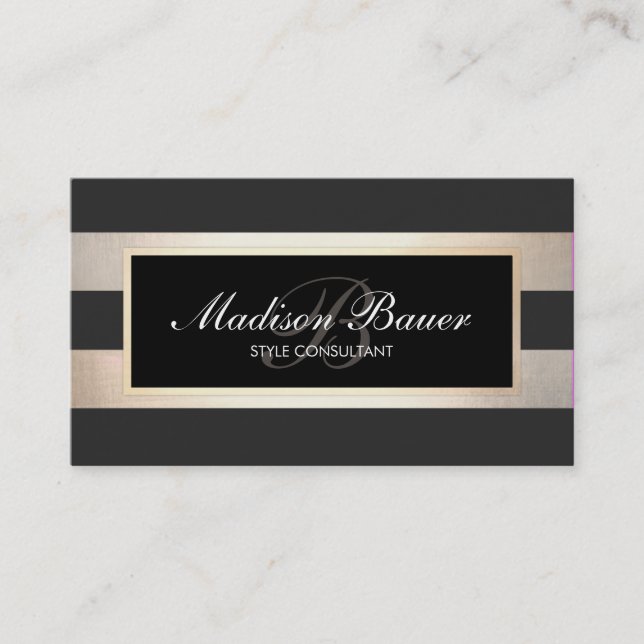 Elegant Script Monogram Stripe Black Faux Guld Visitkort (Framsida)