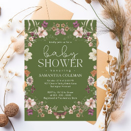 Elegant Script Moss Grönt Wildblomma Baby Shower Inbjudningar