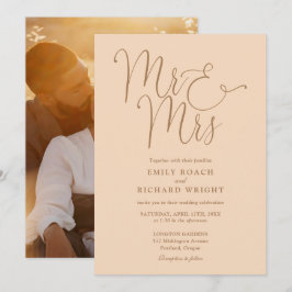 Elegant Script Mr och Mrs Foto Mjuk Persikofärgad Inbjudningar
