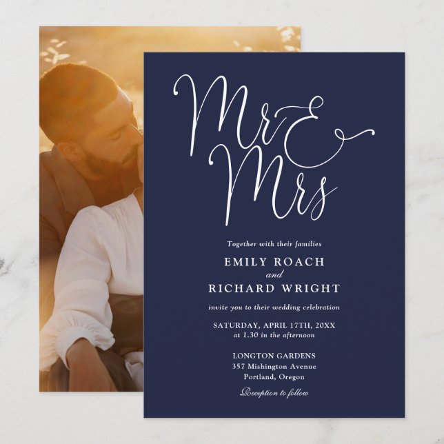Elegant Script Mr och Mrs Foto Navyblå Bröllop Inbjudningar (Fram/baksida)