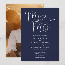Elegant Script Mr och Mrs Foto Navyblå Bröllop Inbjudningar