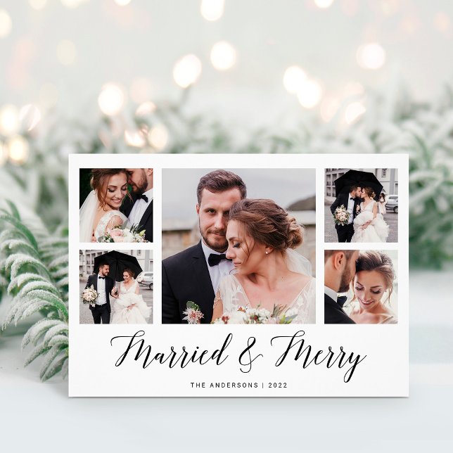 Elegant Script Multi Photo Grid - gift och ljus Julkort (Skapare uppladdad)