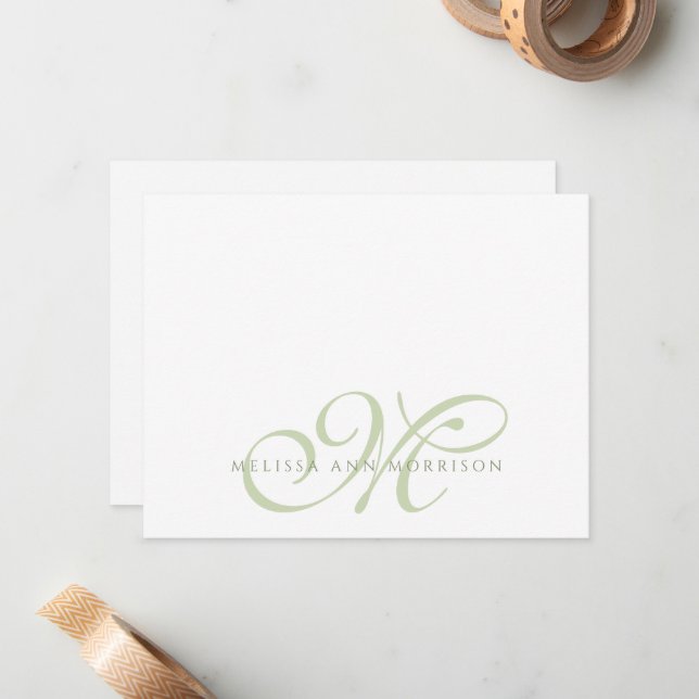 Elegant Script Name Green Monogram Flat Note Card Anteckningskort (Fram/Back In Situ)