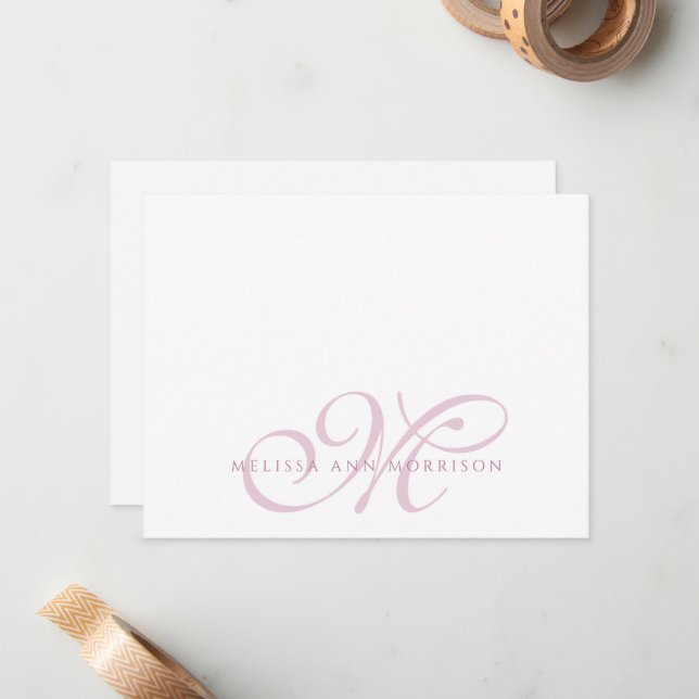 Elegant Script Name Pink Monogram Flat Note Card Anteckningskort (Fram/Back In Situ)