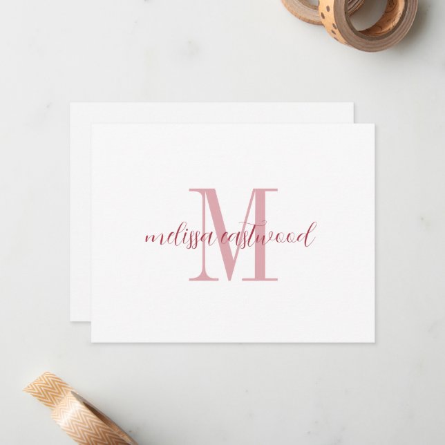 Elegant Script Name Rose Monogram Flat Note Card Anteckningskort (Fram/Back In Situ)
