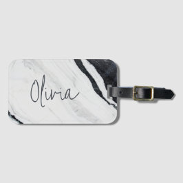 Elegant Script Namn Black White Marble Travel Bagagebricka