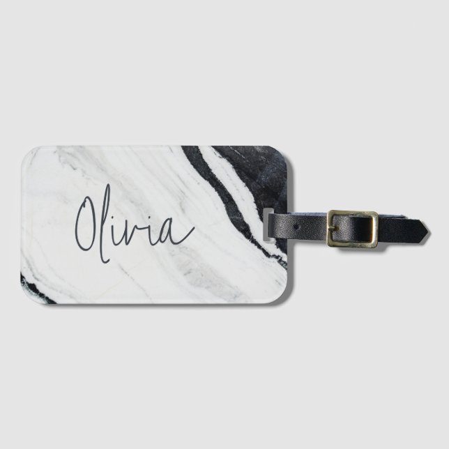 Elegant Script Namn Black White Marble Travel Bagagebricka (Framsida horisontal)