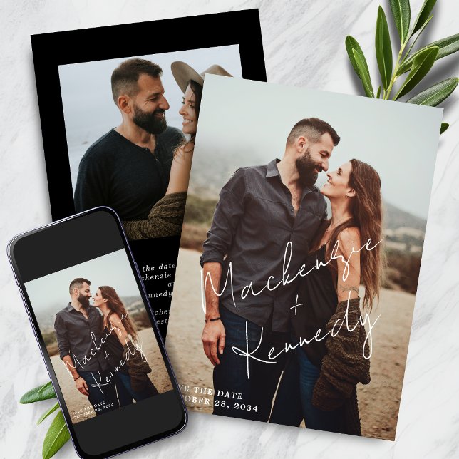 Elegant Script Namn Foto Spara datum Datumet (Elegant Script Names Photo Save the Date Announcements)