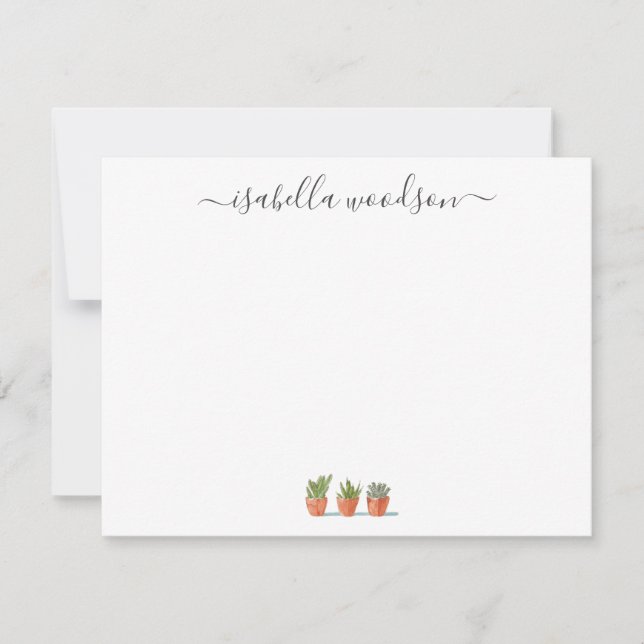 Elegant Script Namn Succulent Cactus Anteckningskort (Framsida)