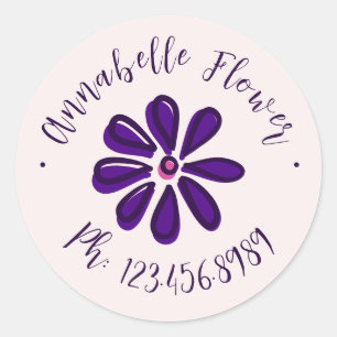 Elegant Script - Namn Telefon - Blomma Runt Klistermärke