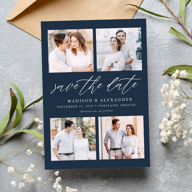 Elegant Script Navy 4 Foto Collage Spara Datumet (Skapare uppladdad)