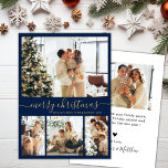 Elegant Script Navy 4 Photo Collage jul Julkort<br><div class="desc">Minimalistiskt, Elegant Calligraphy 4 Photo Collage God jul Script Helgdag Card i marinen och Guld. Den här snygga, enkla fyra (4) fotokortmallen har en fotokollage i söt rutnät och säger "God jul"! Texten "God jul" hälsning är skriven på ett vackert handskrivet teckensnitt som snabbt byts ut mot svan. På motsatt...</div>
