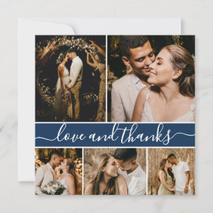 Elegant Script Navy 5 Photo Collage Bröllop Tack Kort