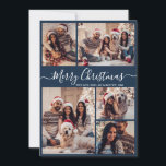 Elegant Script Navy 5 Photo Collage jul Julkort<br><div class="desc">Modern Elegant Calligraphy Navy 5 Photo Collage God jul Script Helgdag Card. Den här snygga, visuella, minimalistiska, fem (5) fotokortmallen Julhälsningar ett vackert rutnätsfotokollage och säger "God jul"! Texten "God jul" hälsning är skriven i ett vackert handskrivet skript med snabba typsnitt eller kalligrafiskript på dammig marin blå färg-bakgrund. På motsatt...</div>