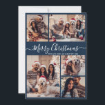 Elegant Script Navy 5 Photo Collage jul Julkort<br><div class="desc">Modern Elegant Calligraphy Navy 5 Photo Collage God jul Script Helgdag Card. Den här snygga, visuella, minimalistiska, fem (5) fotokortmallen Julhälsningar ett vackert rutnätsfotokollage och säger "God jul"! Texten "God jul" hälsning är skriven i ett vackert handskrivet skript med snabba typsnitt eller kalligrafiskript på dammig marin blå färg-bakgrund. På motsatt...</div>
