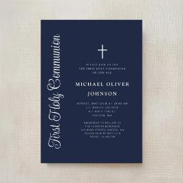 Elegant Script Navy Blue Boy First Communion Inbjudningar
