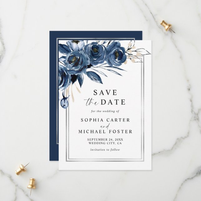 Elegant Script Navy Blue Floral Photo Wedding Spara Datumet (Fram/Back In Situ)