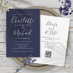 Elegant Script Navy Blue QR Code Bröllop Inbjudningar<br><div class="desc">Med namnteckning stil namn kan den här inbjudan till marinblått bröllop i eleganten vara personlig med all information om speciell bröllopsdag på framsidan,  din webbplatsinformation om bröllop och din QR-kod på baksidan. Designad av Thisisnotme©</div>