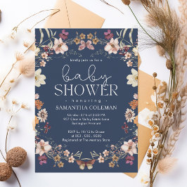 Elegant Script Navy Blue Wildblomma Baby Shower Inbjudningar