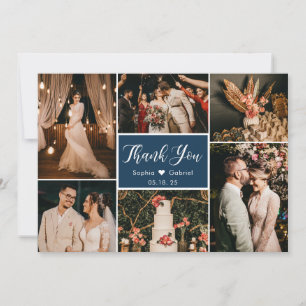 Elegant Script Navy Bröllop Multi Photo Collage Tack Kort