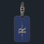 Elegant Script Navy Guld Monogram Namn Travel Bagagebricka<br><div class="desc">Elegant Script Navy och Guld Monogram Namn Travel Helgdag Luggage Tag</div>