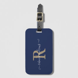 Elegant Script Navy Guld Monogram Namn Travel Bagagebricka