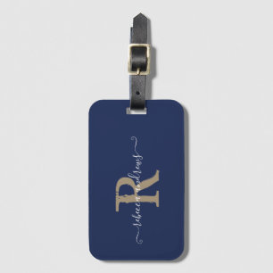 Elegant Script Navy Guld Monogram Namn Travel Bagagebricka