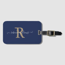Elegant Script Navy Guld Monogram Namn Travel Bagagebricka
