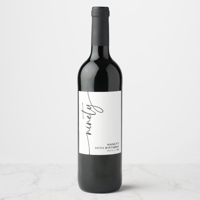 Elegant Script Ninety 90-årsfirande Vinflaska Etikett (Framsida)