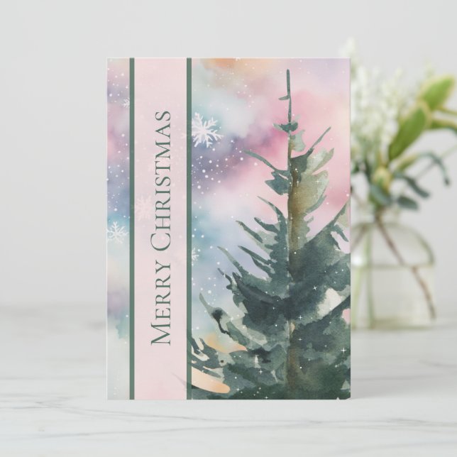 Elegant Script Non Photo Watercolor Christmas Tree Julkort (Stående Fram)