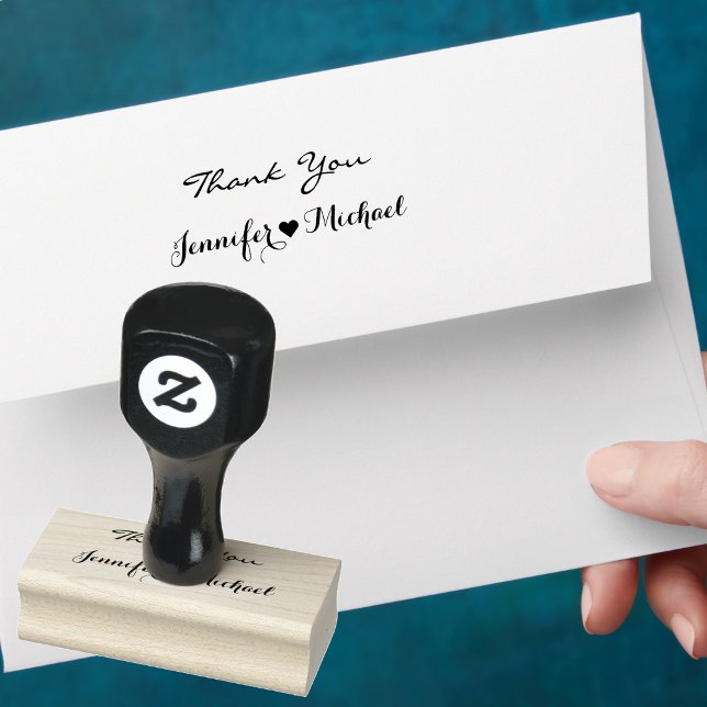 Elegant Script par Namn Heart Bröllop Tack Stämpel (Elegant Script Couple Name Heart Wedding Thank You Rubber Stamp)