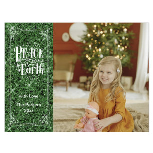 Elegant Script Peace on Earth Grönt Glitter Modern Helg Vykort