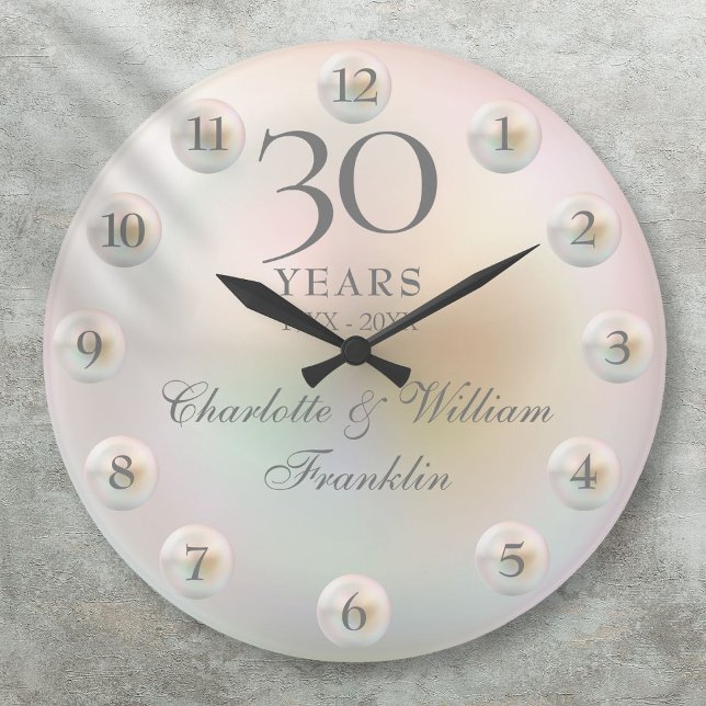 Elegant Script Pearl 30:e Bröllop-årsdagen Stor Klocka (Elegant Script Pearl 30th Wedding Anniversary Large Clock)
