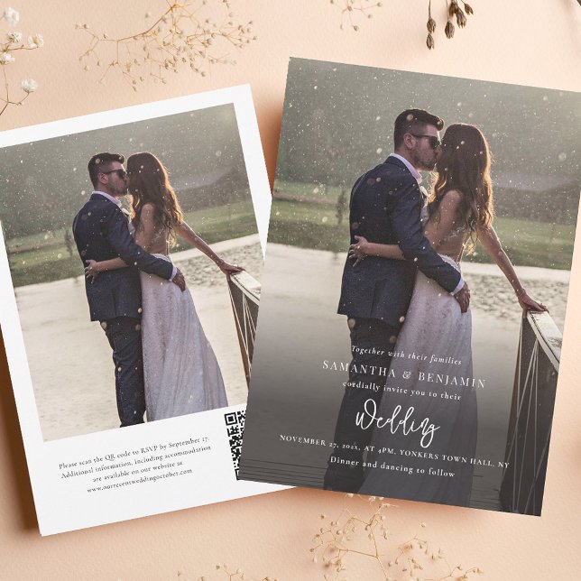 Elegant Script Photo All i One Bröllop Inbjudningar (Modern Photo Script Wedding Invitation with RSVP QR Code)