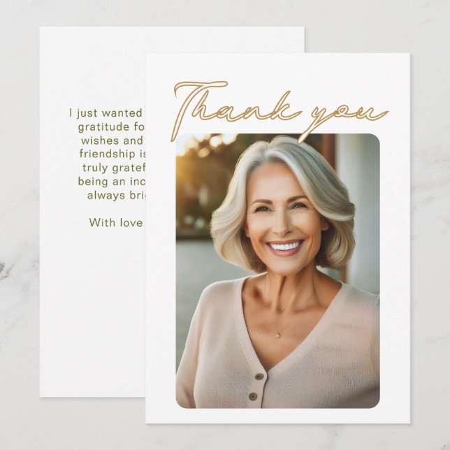 Elegant Script Photo Birthday Tack Kort (Fram/baksida)