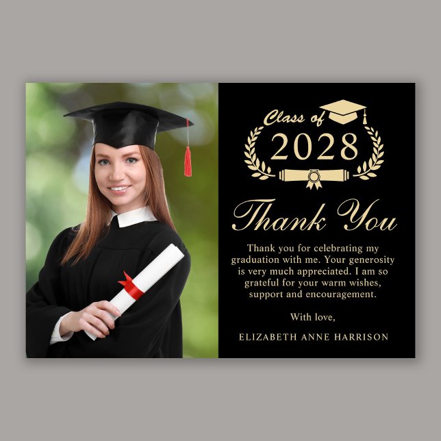 Elegant Script Photo Black Guld Studenten Tack Kort (An elegant photo graduation thank you card to show gratitude to friends and family for their support)