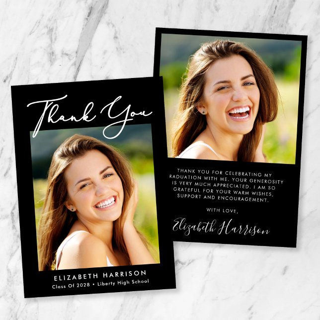 Elegant Script Photo Black Studenten Tack Kort (Skapare uppladdad)