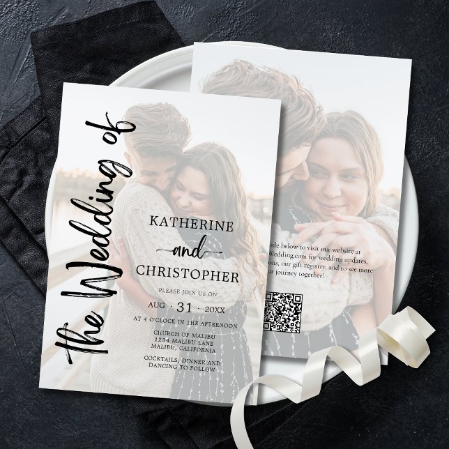 Elegant Script Photo Black White Forme Bröllop Inbjudningar (Bold Script Black and White Wedding Invitation with Two Photos, QR Code for Wedding Website.)