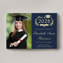 Elegant Script Photo Blue Guld College Graduation