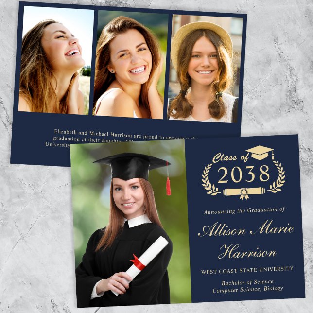 Elegant Script Photo Blue Guld College Graduation Meddelande (An elegant college graduation announcement to celebrate the graduate's achievements)