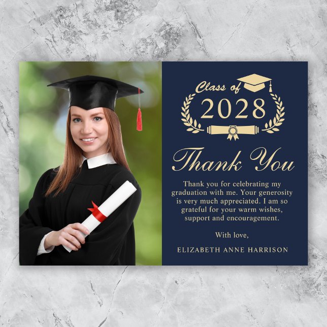 Elegant Script Photo Blue Guld Studenten Tack Kort (An elegant photo graduation thank you card to show gratitude to friends and family for their support)