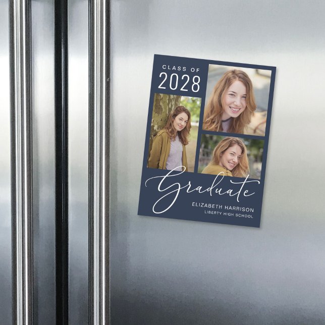 Elegant Script Photo Blue Studenten Magnetisk Inbjudningskort (An elegant photo collage magnetic graduation announcement to celebrate the graduate's achievements)