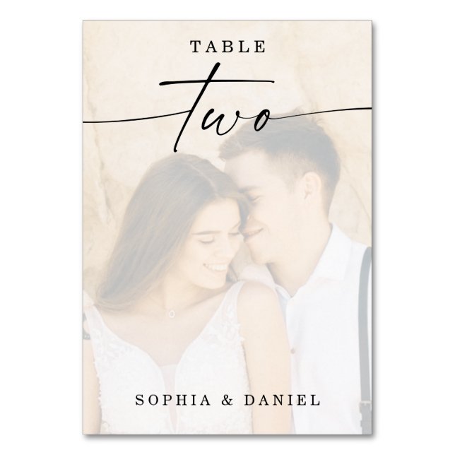 Elegant Script Photo Bröllop Bordsnummer 2 (Framsidan)